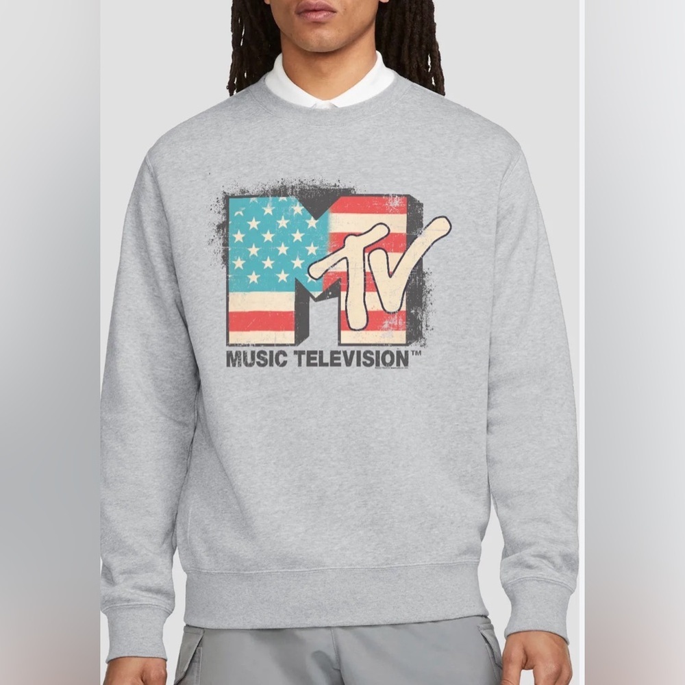 MTV Mens VTG Style American Flag Logo Crewneck Gray Pullover Sweatshirt SZ L